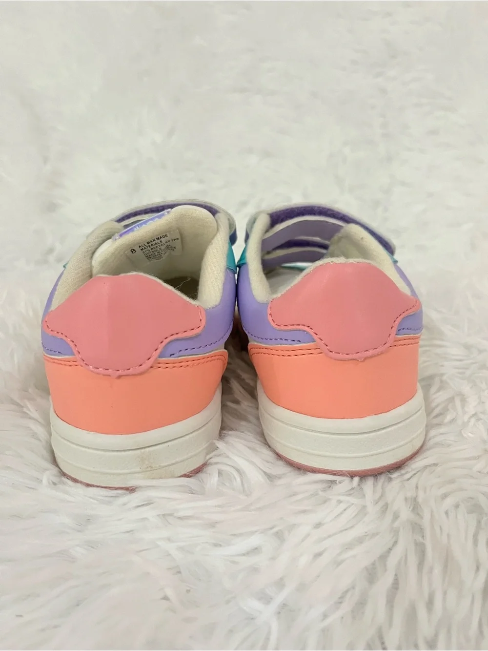 Children's Place white sneakers, pink and purple details, holographic star